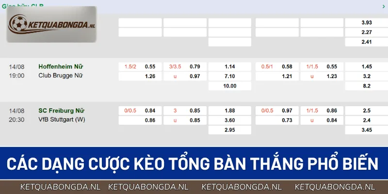 Các dạng cược kèo tổng bàn thắng quen thuộc hiện nay